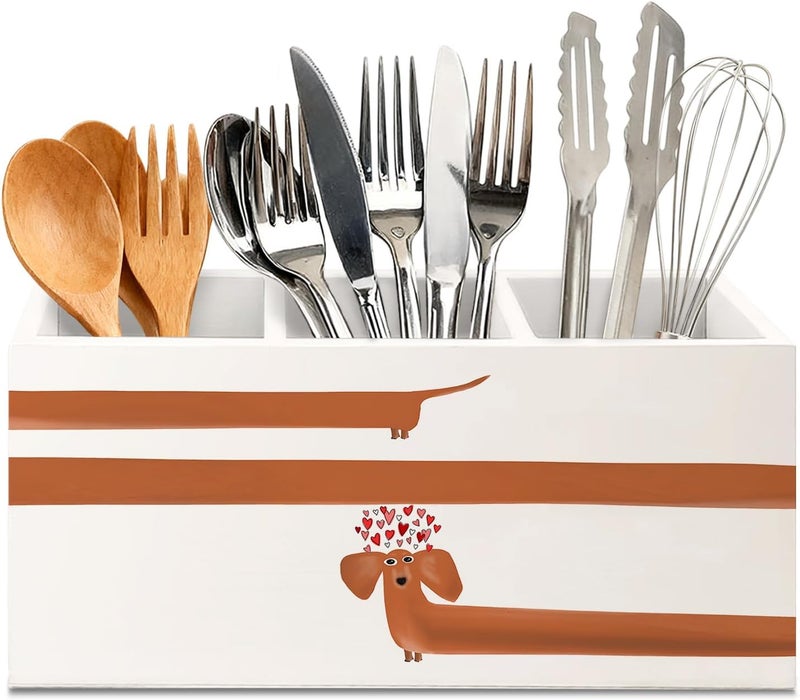 KBRCT Dachshund Dog Wooden Utensils Holder, Dachshund Lover Gifts, Black Heart Sausage Wiener Dog Wood Cooking Utensil Holder Organizer for Kitchen Countertop Counter Decor Accessories - Image 1